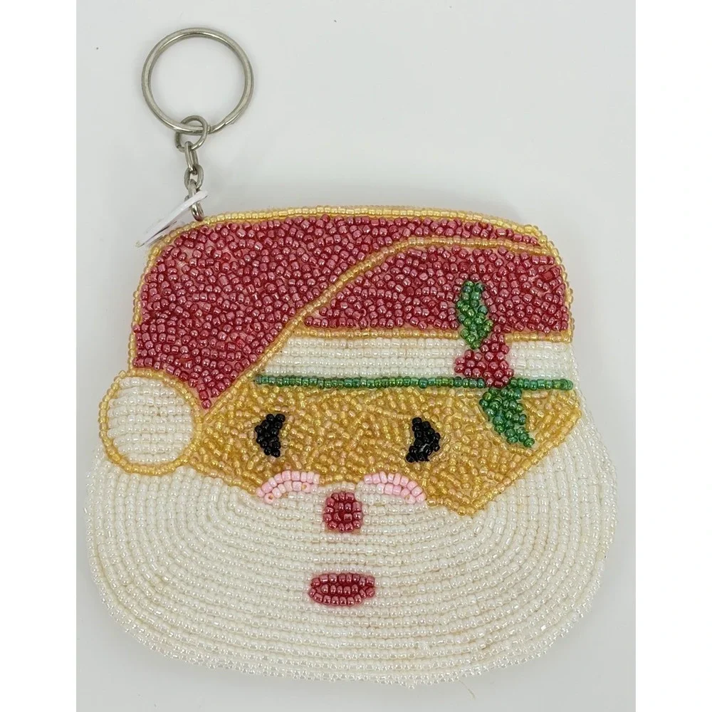 Fully Beaded Coin Purse Santa Claus Key Ring Chain Pouch Christmas